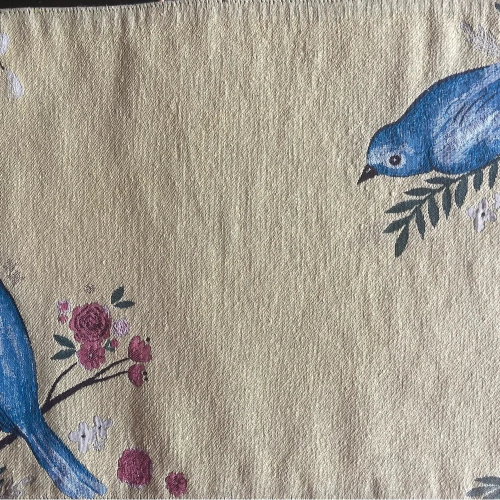 Set of 4 Cloth Placemats , Mustard Yellow & Blue Birds , Patio Table , dinette